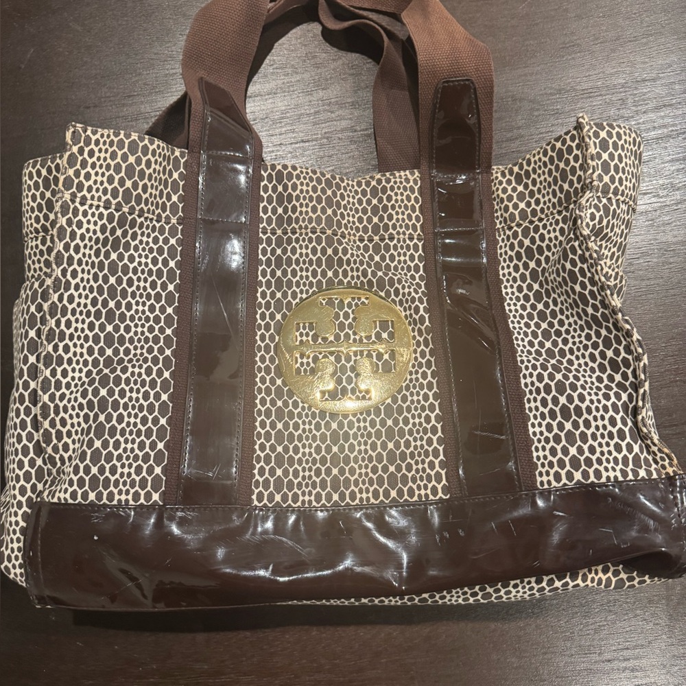 Tory Burch Brown and Cream Travel Bag with Structured Design